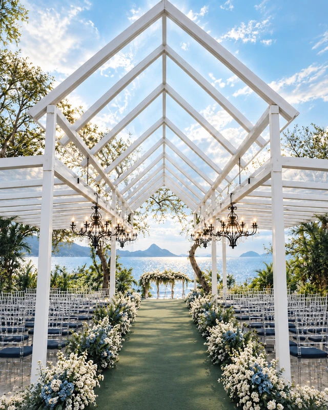 Pavilhão branco da cerimônia à beira-mar, com corredor de flores e lustres